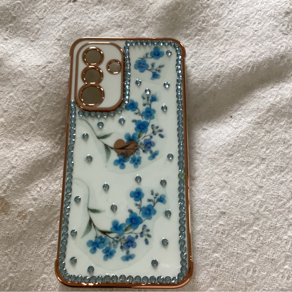Hand Crafted Blue Floral and Gold Phone Case